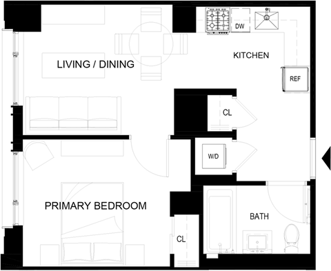 Floor plan for 1 bed, 1 bath, 461 sqft